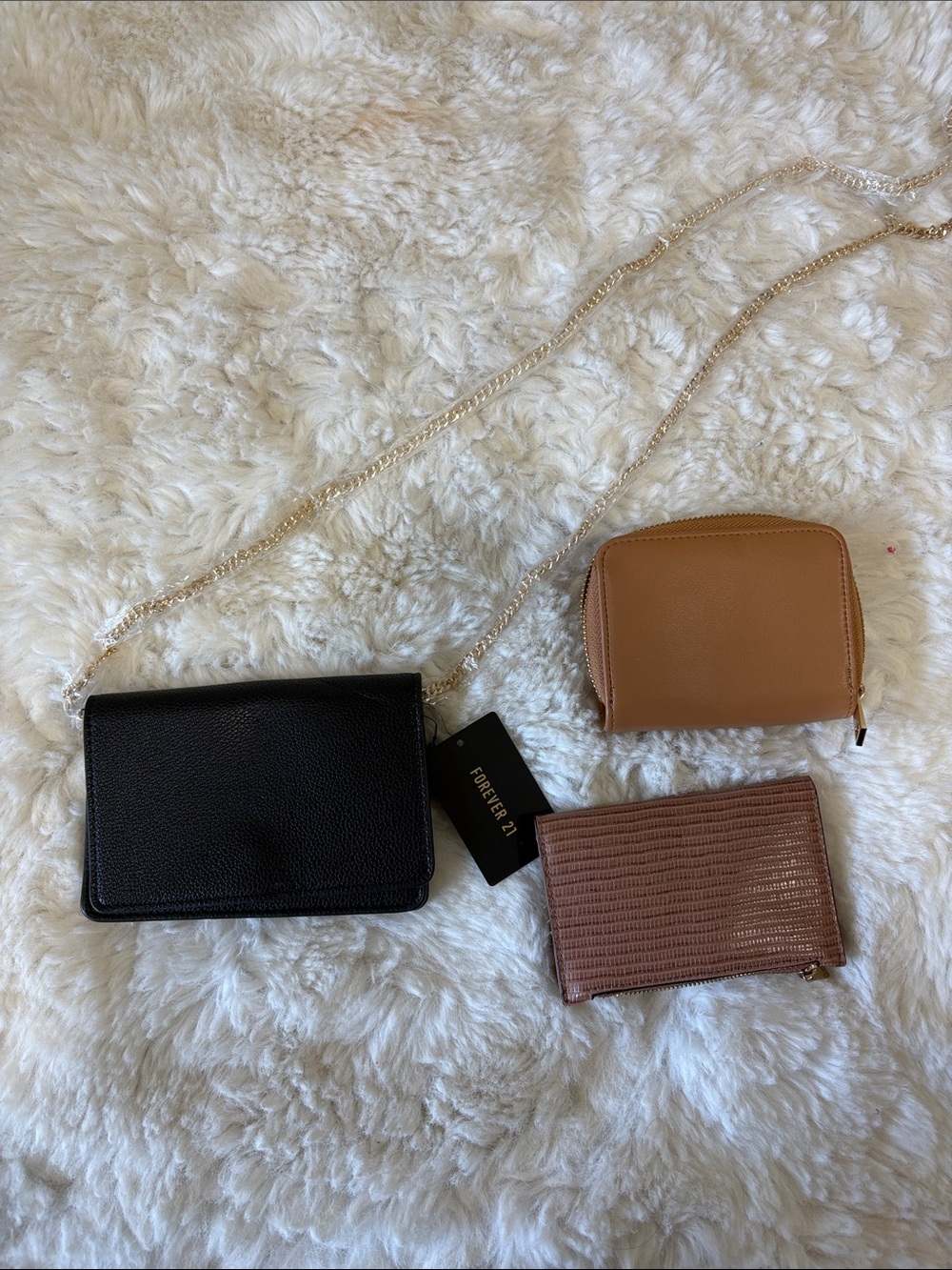 Forever 21 Black Crossbody Wallet with Gold Chain & Brown Pouches & Two Wallets